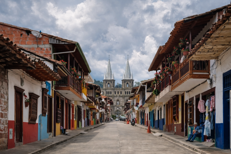 Calle empedrada hacia la iglesia gótica