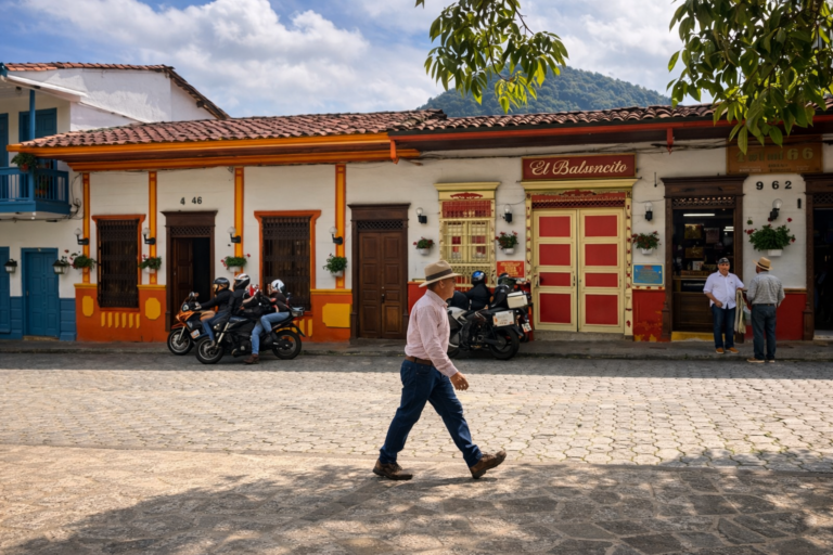 Hombre caminando por calle colonial
