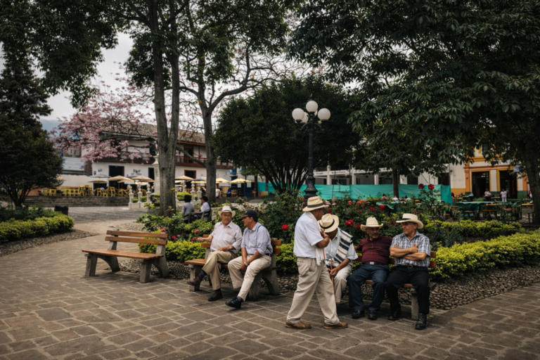 Hombres en la plaza del pueblo